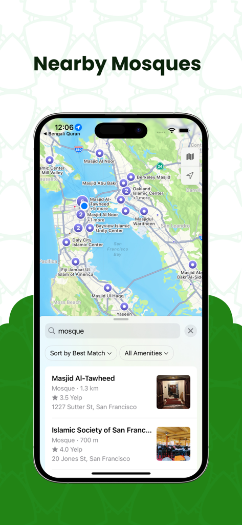 Al Quran Bengali Translation - Nearby Mosques feature showing a map of mosque locations in the Al Quran Bengali app