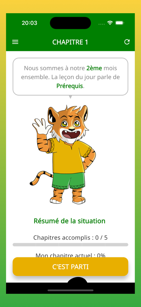 Bibala app screen for Chapter 1 featuring a friendly waving tiger mascot and a progress tracker.