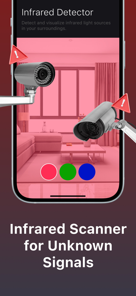 IR Pro Scan: Camera Detector - Écran du détecteur infrarouge de l'application IR Pro Scan visualisant les signaux de caméra dans une pièce