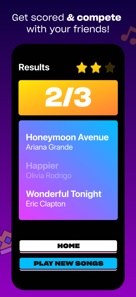 Blind Karaoke - A mobile screen showing game results in the Blind Karaoke app with a two out of three star score and a list of popular songs by Ariana Grande and Olivia Rodrigo.