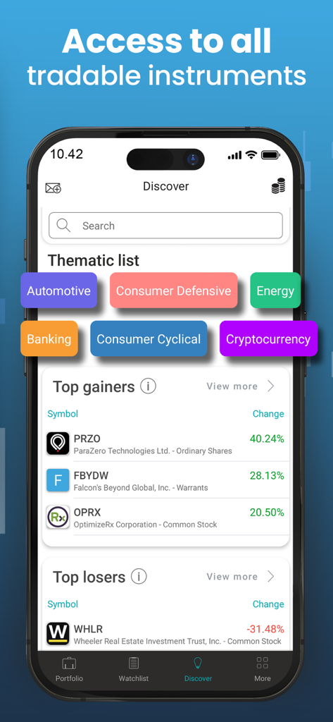 Colmex Pro 2.0 - Colmex Pro 2.0 mobile app discover interface with top gainers and thematic trading lists