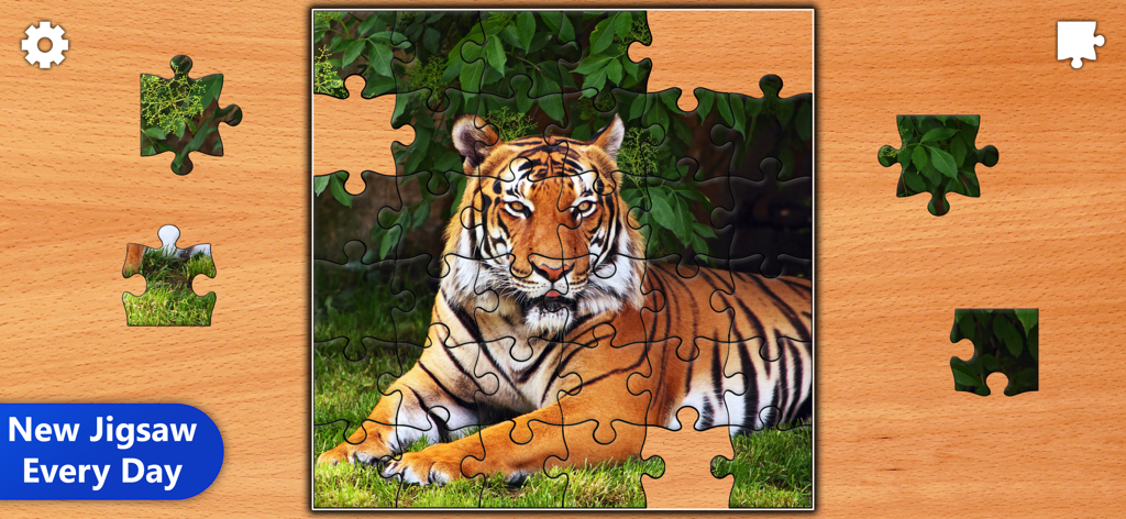 Jigsaw Puzzles Epic - A digital jigsaw puzzle of a tiger in progress on a wooden background with the text new jigsaw every day