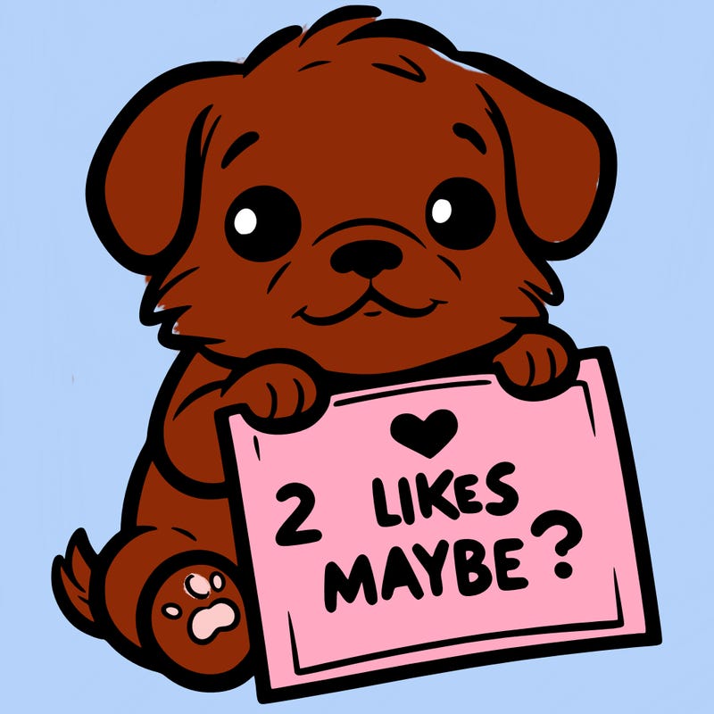 a puppy holding a sign that says 2 likes maybe?