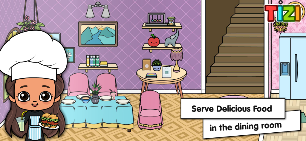 A cartoon chef character serving food in a colorful mansion dining room.
