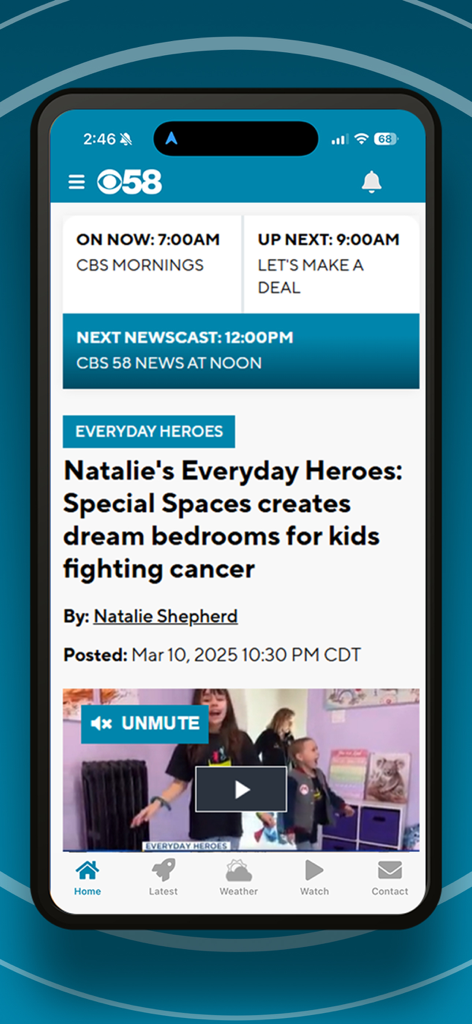 CBS 58 News - Screenshot of the CBS 58 News app home screen featuring a local news story about everyday heroes and a daily broadcast schedule