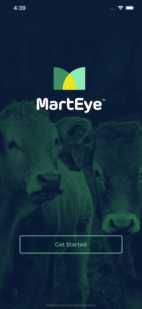 MartEye app welcome screen with livestock background and logo