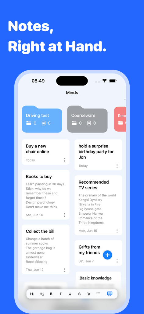 Mindkit-keep things organized - Captura de pantalla del panel de notas de la aplicación Mindkit que presenta un diseño de cuadrícula limpio de notas y carpetas.