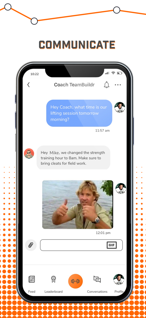 In-app chat screen of TeamBuildr Training showing a conversation between a coach and an athlete about a workout session.