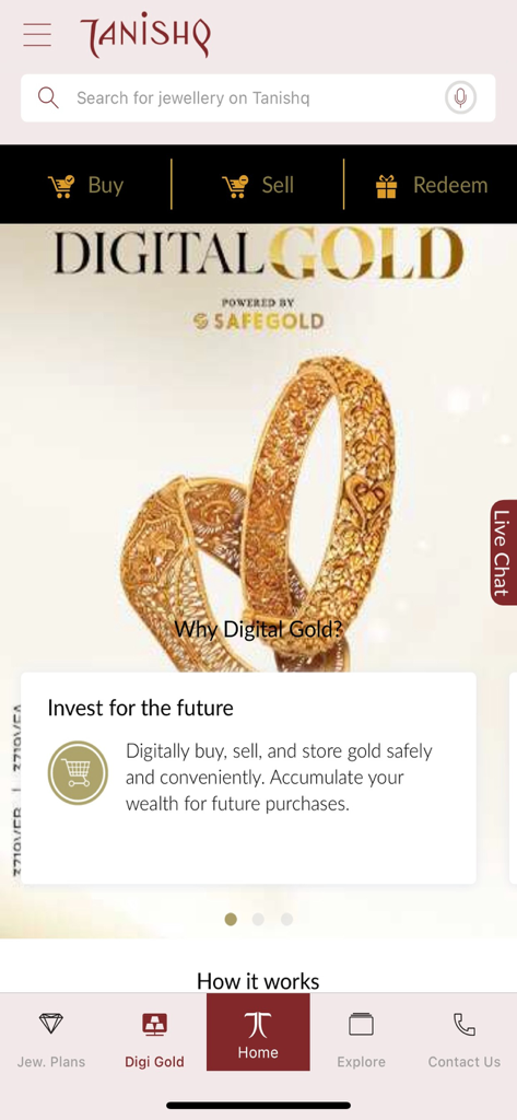 Tanishq app interface showing digital gold investment options to buy sell and redeem with a pair of gold bangles displayed