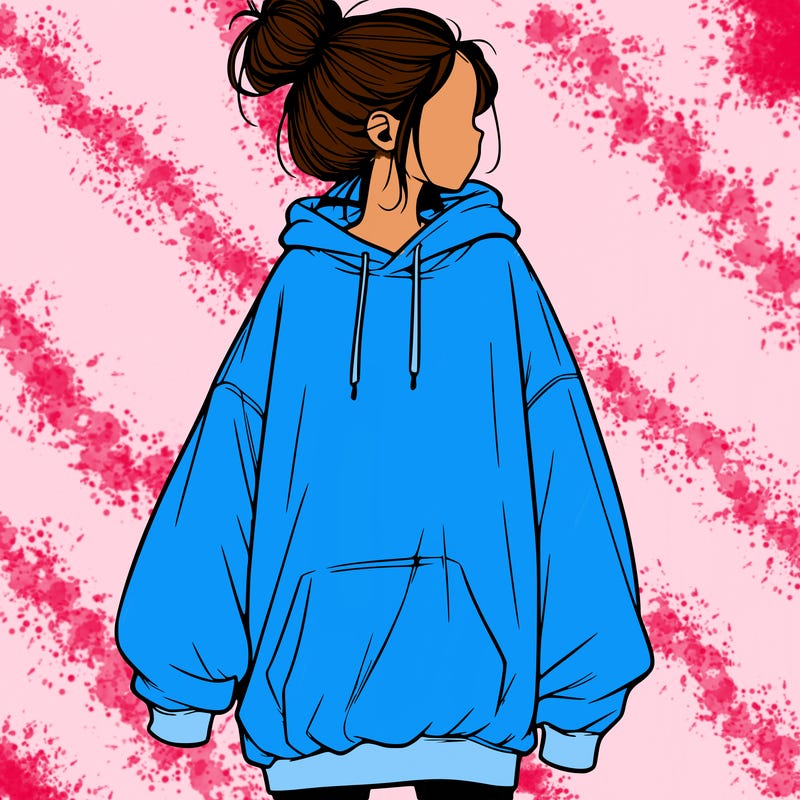realistic girl with a oversized sweatshirt on and a bun