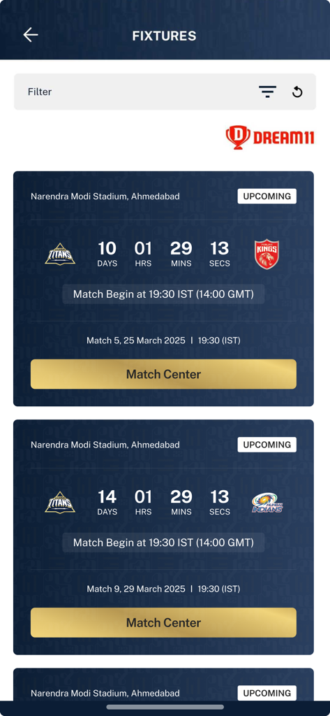 Titans FAM - Screenshot of the Gujarat Titans match fixtures screen showing upcoming games with countdown timers and match center access