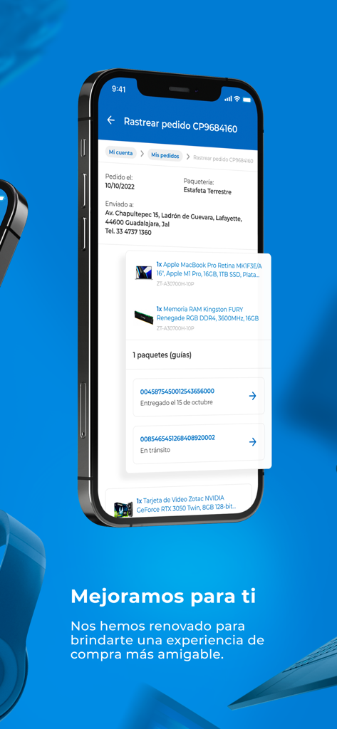 Cyberpuerta mobile app interface showing order tracking for tech products delivered in Mexico