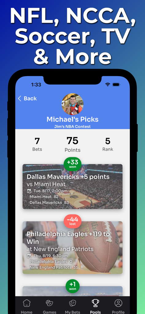 A smartphone screen displaying a user's betting picks points and rank in a sports contest