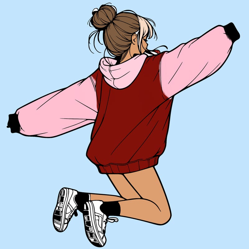 realistic girl jumping with a bun and oversized sweatshirt