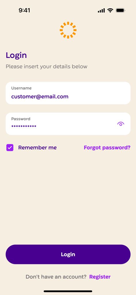 Protergia - Écran de connexion de l'application mobile Protergia avec champs nom d'utilisateur et mot de passe