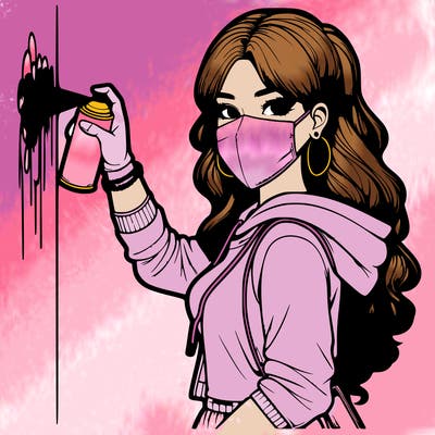 realistic girl with mask spray painting a wall