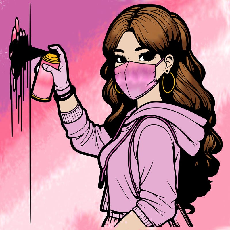 realistic girl with mask spray painting a wall