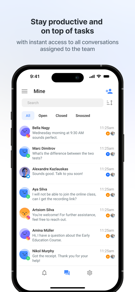 Mobile screenshot of the respond.io app showing a unified inbox with customer conversations from multiple messaging platforms.