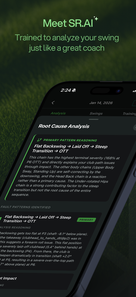 SwingReaction - SwingReaction app interface showing AI-powered root cause analysis of a golf swing including fault patterns and reasoning.