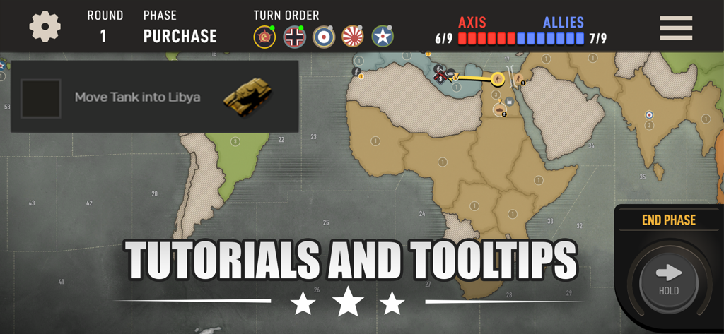 Pantalla de tutorial de Axis and Allies 1942 Online mostrando la instrucción de mover un tanque a Libia sobre un mapa de África