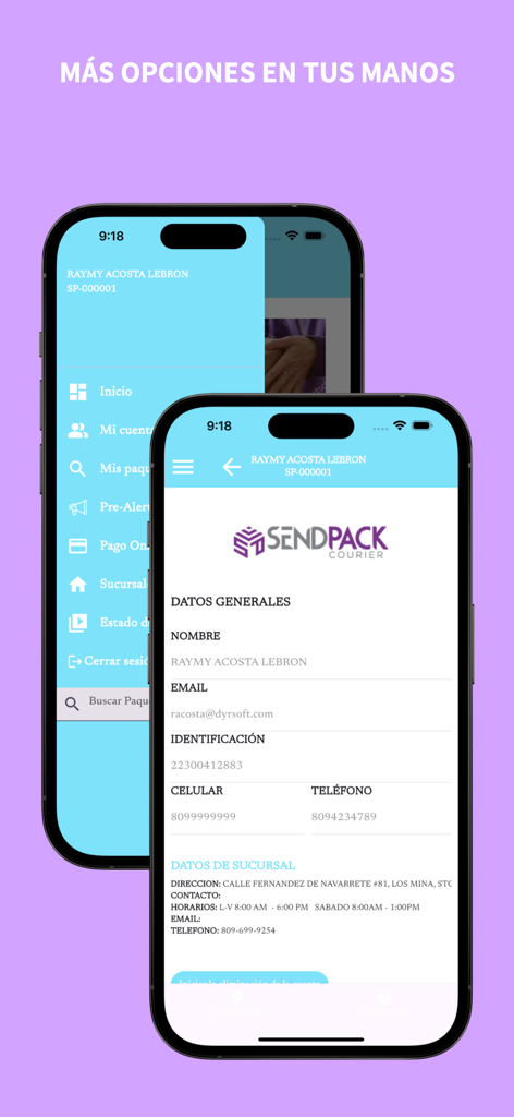 Sendpack Courier - Mobile interface of Sendpack Courier app displaying account details and navigation sidebar