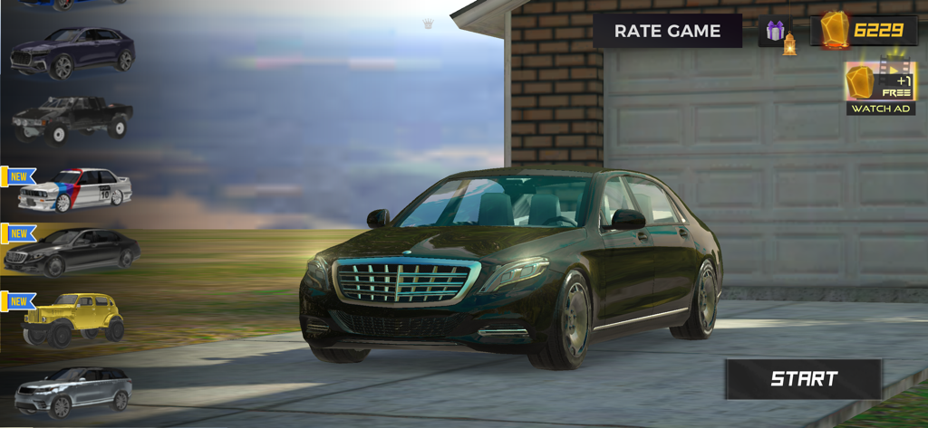 Driver Life (Car Simulator) - The car selection menu in Driver Life showing a luxury sedan parked in front of a garage with various vehicle options on the side