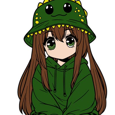 girl with anime shaped eyes with a dinosaur bucket hat oversized sweatshirt long straight hair