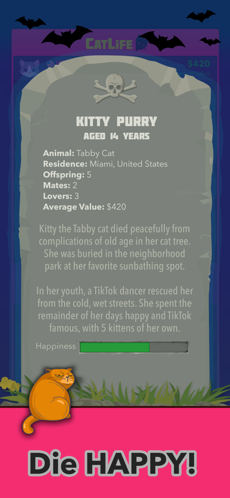BitLife Cats - CatLife - Una captura de pantalla del juego móvil CatLife que muestra una lápida con el resumen de vida y estadísticas de un gato llamado Kitty Purry.