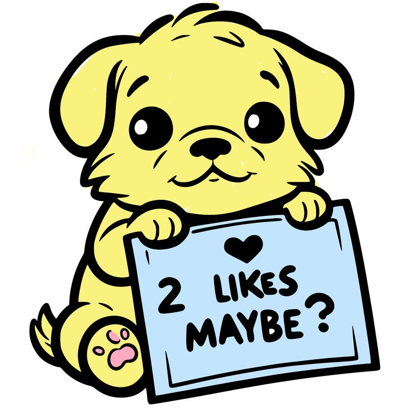 a puppy holding a sign that says 2 likes maybe?
