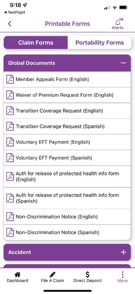 My Aetna Supplemental - A list of printable insurance forms and global documents in the My Aetna Supplemental app.