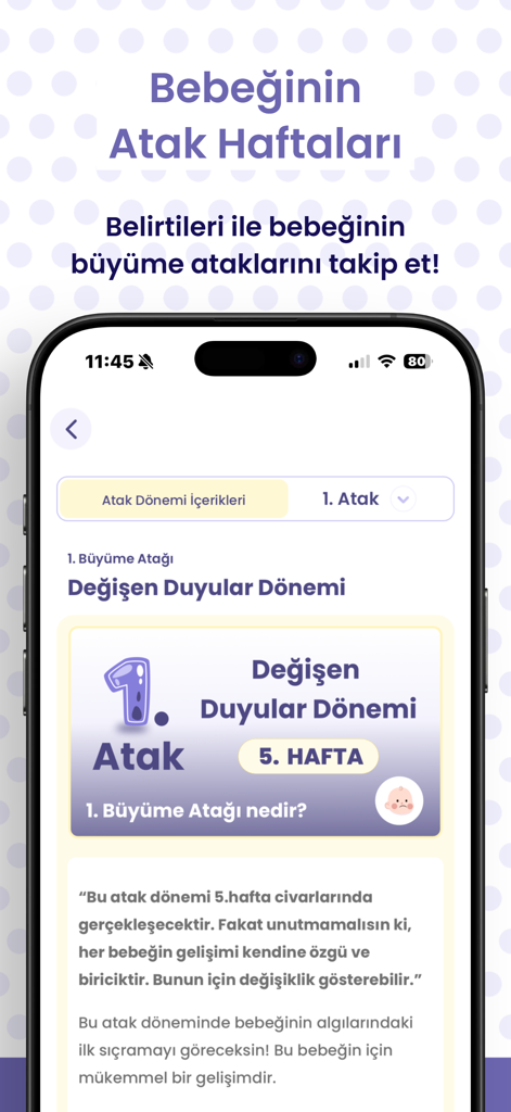 Elika Baby Care and Monitoring - Interface do aplicativo Elika Baby rastreando o primeiro surto de crescimento e salto sensorial aos cinco semanas.