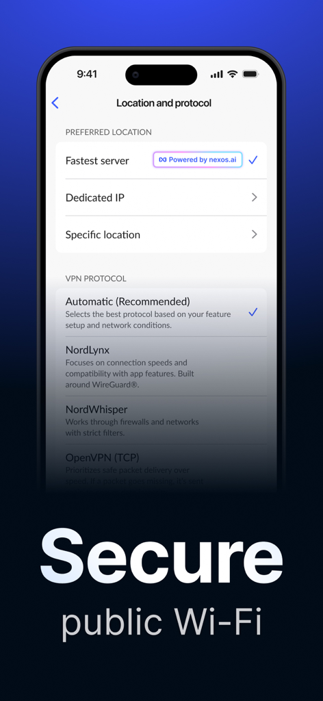 NordVPN app showing location and protocol settings for secure public Wi-Fi.