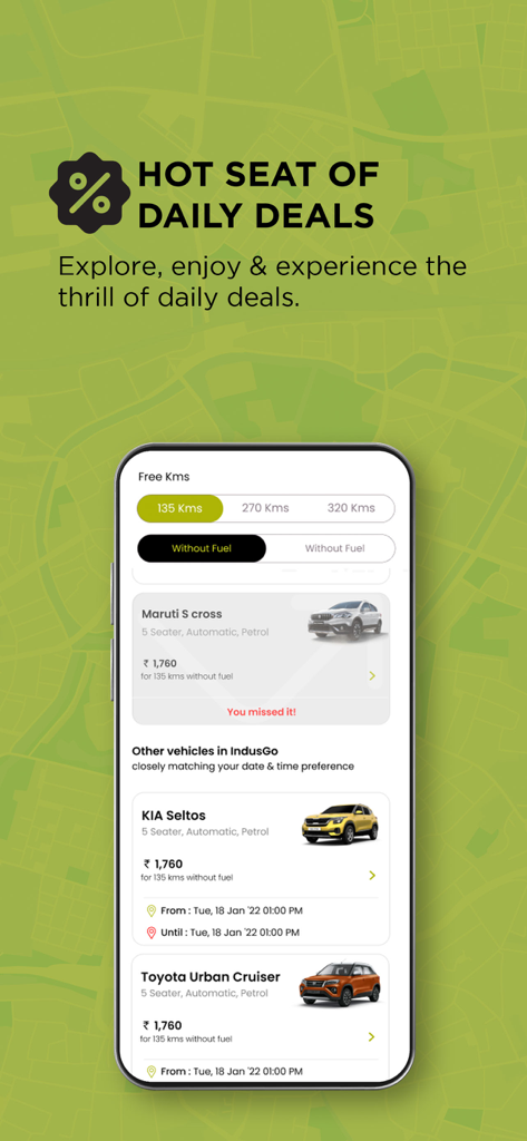 IndusGo 모바일 앱 인터페이스, 차량 모델 및 가격이 포함된 자동차 렌탈 일일 특가 표시.