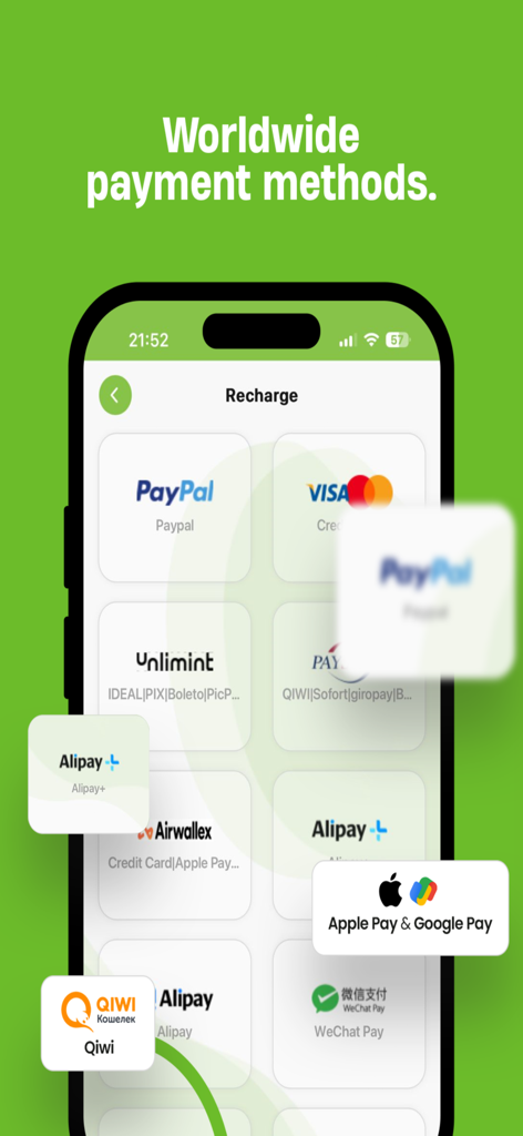 CSSBuy - Captura de pantalla de la aplicación CSSBuy que muestra métodos de pago globales que incluyen PayPal, Visa, Apple Pay y Alipay