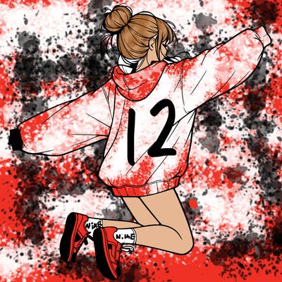 realistic girl jumping with a bun and oversized sweatshirt