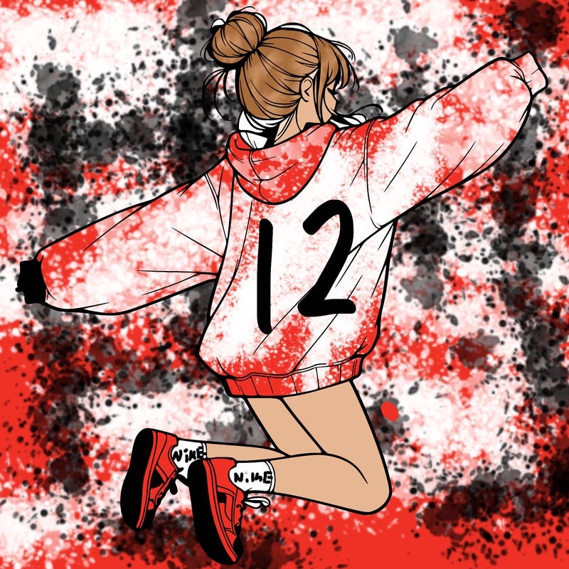 realistic girl jumping with a bun and oversized sweatshirt