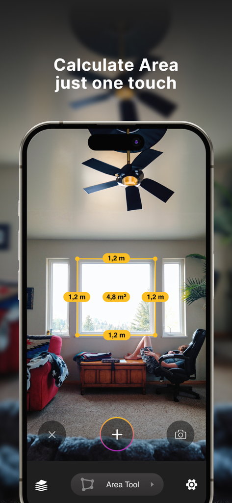 Measuring Tape: Digital Ruler - Measuring Tape app interface showing AR area calculation of a window