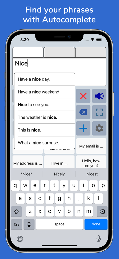 Schermo dello smartphone di Speech Assistant AAC che mostra la funzione di suggerimento automatico delle frasi