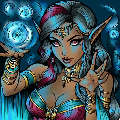 realistic scary beautiful elf sorceress casting spell