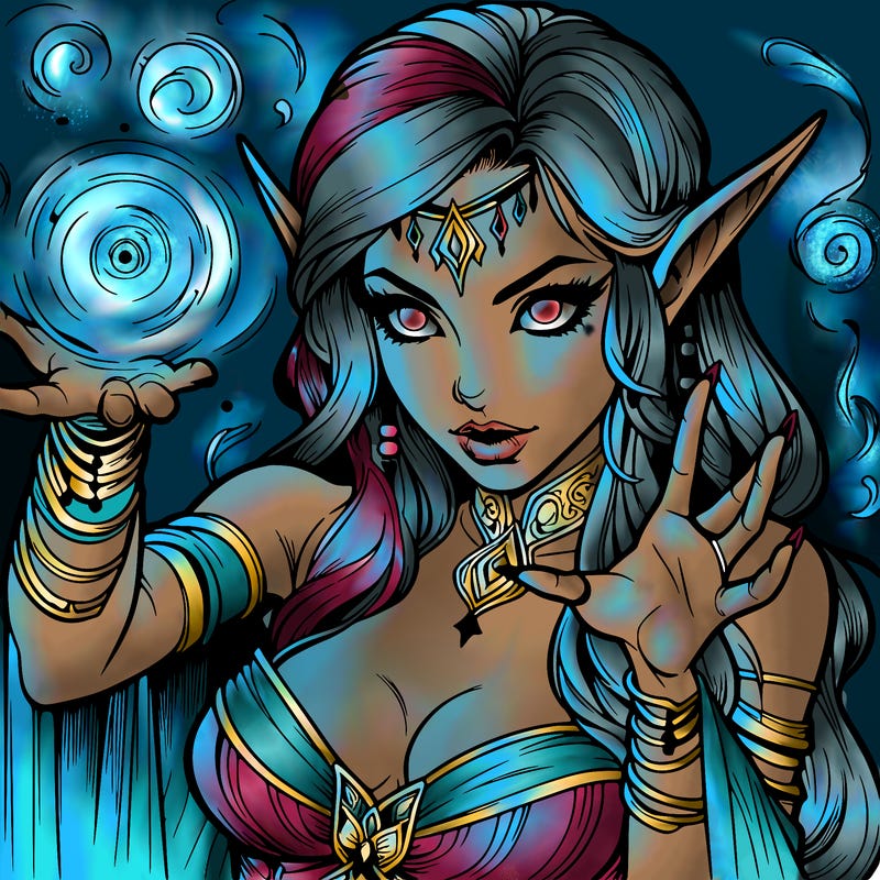 realistic scary beautiful elf sorceress casting spell