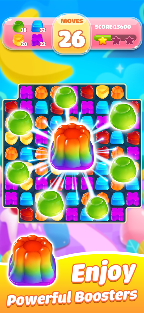 Jelly Jam Crush - Match 3 Game - Colorful match 3 gameplay of Jelly Jam Crush with a rainbow jelly booster.