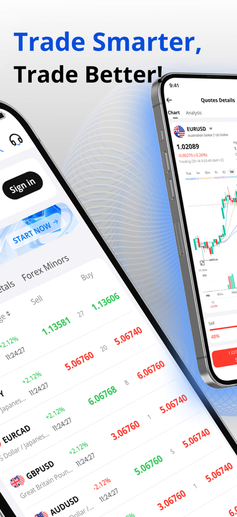FXTRADING.com mobile app interface showing forex currency pairs and live trading charts