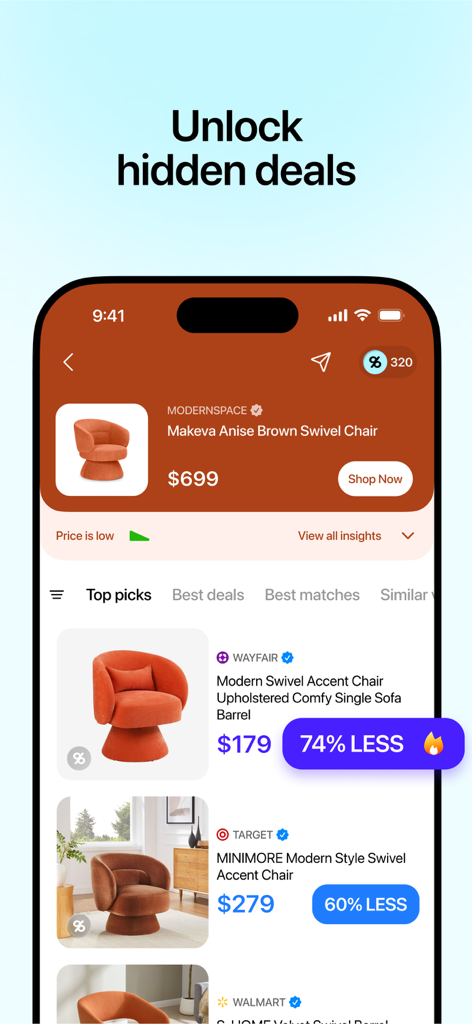 Dupe app interface showing a high-end swivel chair compared with affordable alternatives from Wayfair and Target at a 74 percent discount.