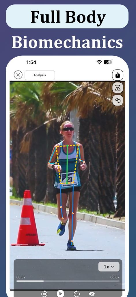 Une coureuse avec des superpositions de suivi de mouvement par IA pour l'analyse de la démarche et de la posture