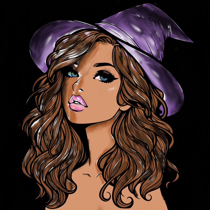 realistic witch girl with wavy hair and lips