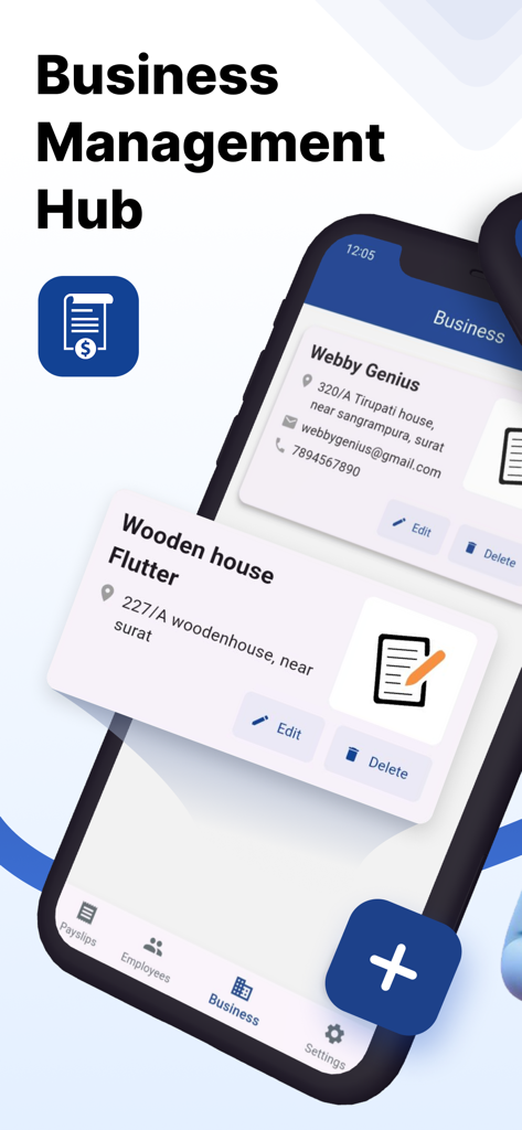 Payslip Maker: FreePayStub - Mobile app interface showing the business management hub where users can manage multiple business profiles and addresses for generating pay stubs.