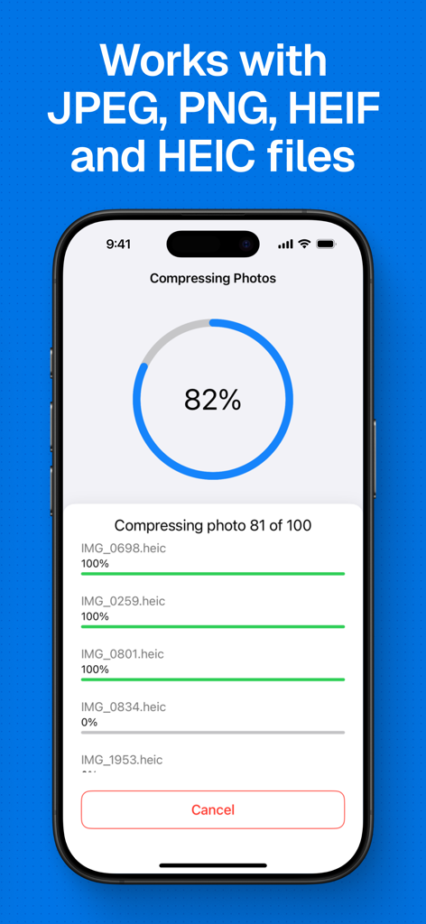 Compress Photos & Pictures - JPEG、PNG、HEIC写真ファイルのバッチ圧縮の進捗状況を示すスマートフォンの画面