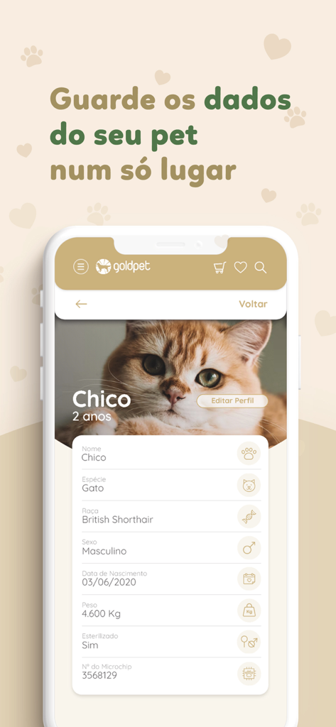Goldpet - Mobile screen of the Goldpet app displaying a detailed pet profile for a cat including breed and weight information