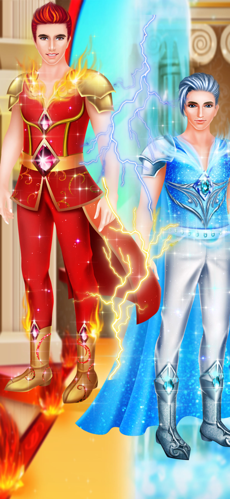 Ice VS Fire Princess Makeup - 氷と火の元素をテーマにした2人のハンサムな王子が並んで立っています