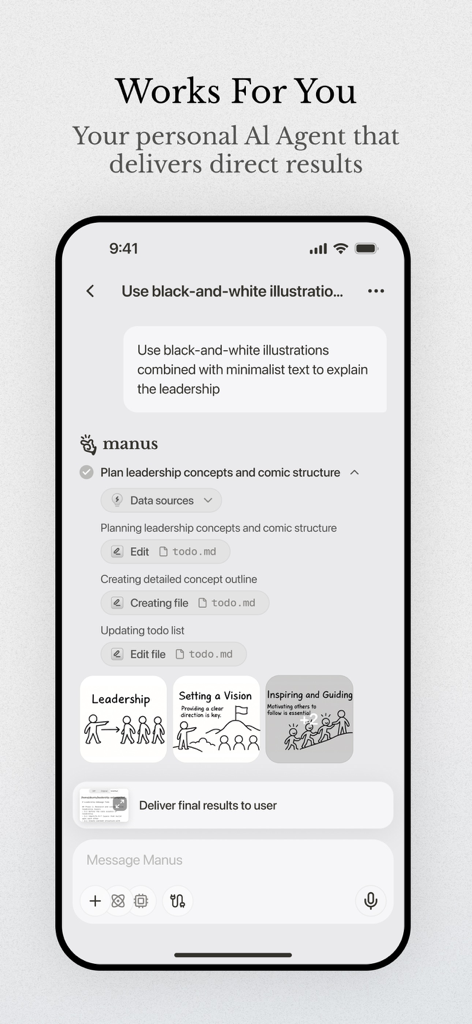 Manus AI - Interfaz de la aplicación móvil Manus AI que muestra un agente de IA personal desglosando y ejecutando una solicitud para crear ilustraciones de liderazgo